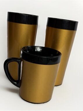 VTG West Bend Thermo-Serv Gold Black Insulated Mug & Tall Tumbler Set MCM USA